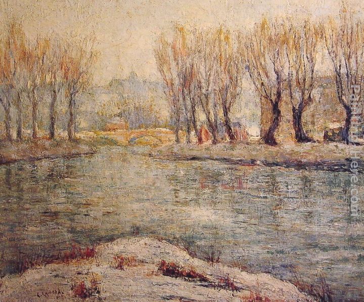 End of Winter - The Boathouse on the Harlem River, New York painting - Ernest Lawson End of Winter - The Boathouse on the Harlem River, New York art painting